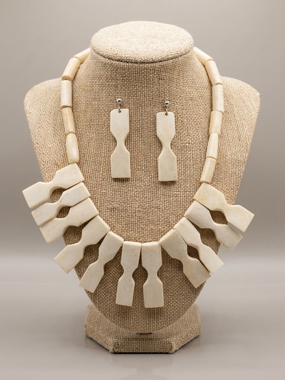 Cream Geometric cow horn Statement Necklace, ring & Earring Set